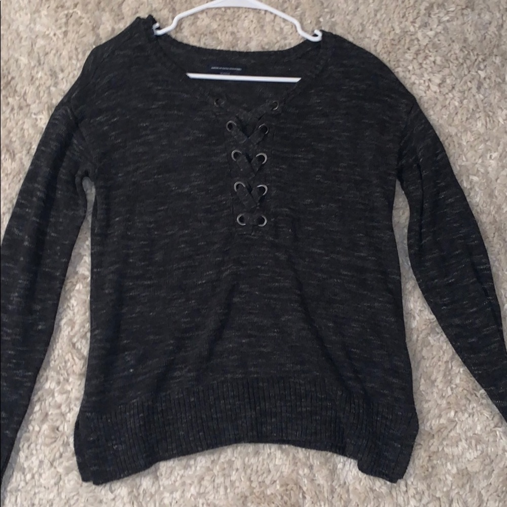 grey sweater w lace up top